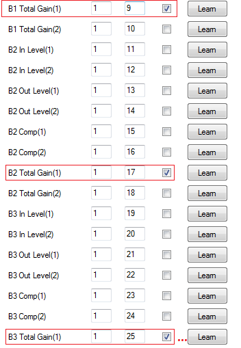 Step 04 - Activate MIDI output for all total gain parameters for channel 1 (we'll set up the plug-in for mono dynamics only)